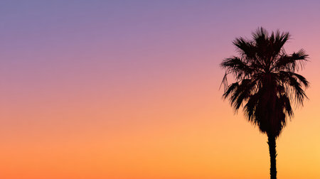 A beautiful silhouette of a palm tree stands against a vibrant sunset sky. The scene captures the tranquility and beauty of twilight, perfect for relaxation.の素材