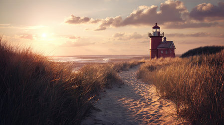 A picturesque scene featuring a vibrant red lighthouse at sunset, surrounded by golden grasses and sandy paths leading to a tranquil beach.の素材