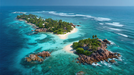 This breathtaking aerial view captures a stunning tropical island with vibrant greenery, clear blue waters, and soft sandy beaches. Perfect for travel concepts.の素材