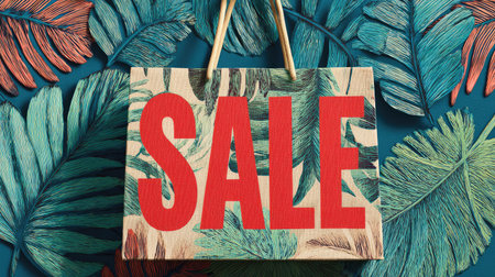 A vibrant sale sign displayed against a lush tropical leaf background, perfect for marketing campaigns and promotional materials related to discounts.の素材
