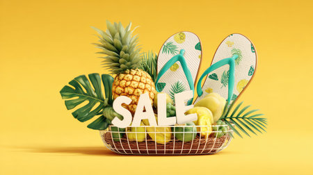 Brighten your summer sales with this vibrant image featuring colorful fruits, flip flops, and tropical elements, perfect for advertisements and promotions.の素材