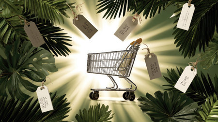 A vibrant shopping cart emerges from the center, framed by lush tropical leaves and price tags, symbolizing summer sales and shopping events.の素材
