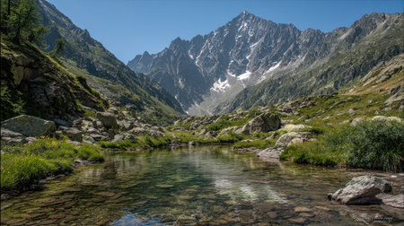 This stunning mountain landscape showcases crystal clear water flowing through a peaceful valley, surrounded by majestic peaks and lush greenery.の素材
