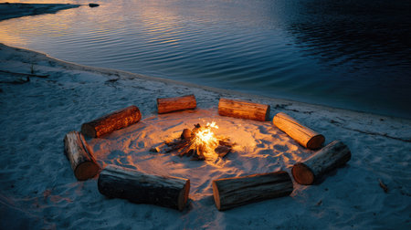 Embrace the calming atmosphere of this lakeside campfire scene at dusk, where warm flames illuminate a sandy circle of logs, inviting relaxation and tranquility.の素材