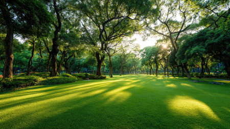 A serene green landscape featuring vibrant grass and towering trees, with soft sunlight filtering through the foliage, creating a peaceful outdoor scene.の素材