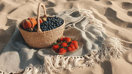 A woven basket filled with fresh blueberries and peaches sits on a cozy blanket over sandy terrain, creating a serene summer picnic setting.の素材