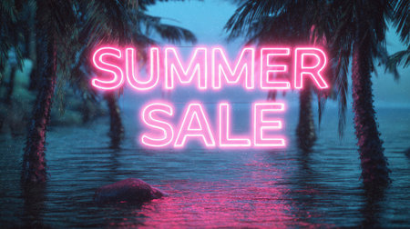 Bright neon summer sale sign illuminates a serene tropical scene with palm trees and calm water at dusk, creating an inviting vacation atmosphere.の素材