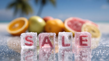A vibrant display of fresh fruits with ice cubes carefully spelling out "SALE." The scene captures a tropical atmosphere with a reflective surface while conveying a joyful summer shopping spirit.の素材