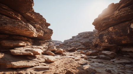 A stunning desert canyon landscape featuring towering rocky walls, a sandy floor, and warm sunlight casting shadows, perfect for nature and adventure themes.の素材