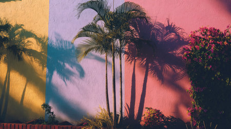 This captivating image features a colorful wall painted in shades of purple and yellow, adorned with vibrant shadows of palm trees and pink bougainvillea flowers.の素材