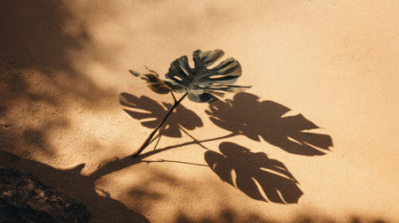 A graceful monstera leaf creates intricate shadows on a sandy surface, beautifully highlighting the elegance of nature in soft natural light.の素材