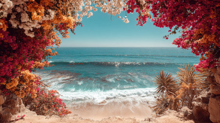 Experience the tranquility of a serene beach view framed by vibrant bougainvillea flowers. Clear blue ocean waves gently lap the shore, creating a perfect ambiance for relaxation.の素材