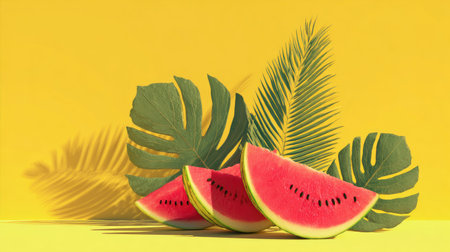 Vibrant image of fresh watermelon slices placed alongside tropical leaves on a bright yellow background, perfect for summer themes and food presentations.の素材