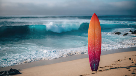 A bright surfboard stands elegantly on a sandy beach, contrasted against crashing turquoise waves and a moody cloudy sky, perfect for summer adventures.の素材