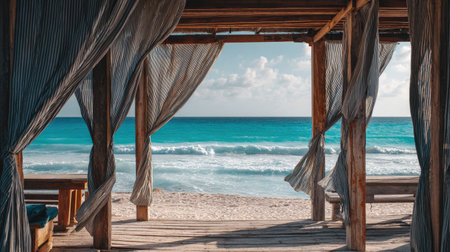 Experience a serene beach view through flowing drapes at a coastal retreat, where the gentle waves meet golden sand under a vibrant sky.の素材