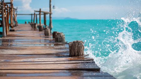 A serene wooden dock stretches into the turquoise ocean, illuminated by sunlight. Waves create gentle splashes, offering a perfect escape into nature.の素材