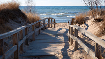 A tranquil wooden pathway meanders through sandy dunes, leading to a serene beach with gentle ocean waves under a bright sky. Perfect for relaxation.の素材