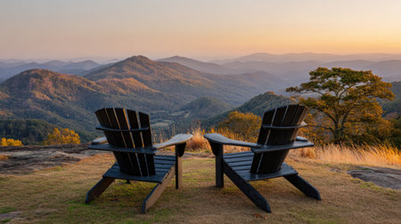 Enjoy a stunning view of two black Adirondack chairs facing a breathtaking mountain landscape during a warm sunset, offering a perfect spot for relaxation.の素材
