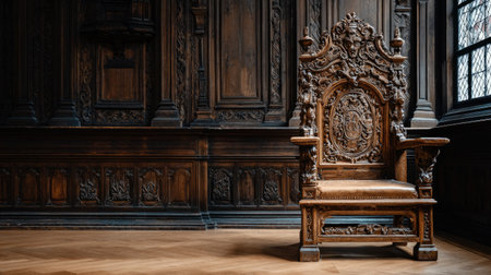 This image showcases an intricately carved antique throne chair set within a richly adorned wooden room, reflecting elegance and historical craftsmanship.の素材