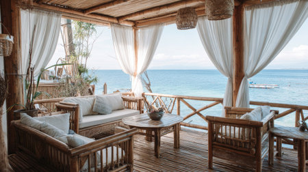 A serene beachside terrace featuring rustic wooden furniture, flowing curtains, and a stunning ocean view, perfect for relaxation and tranquility.の素材