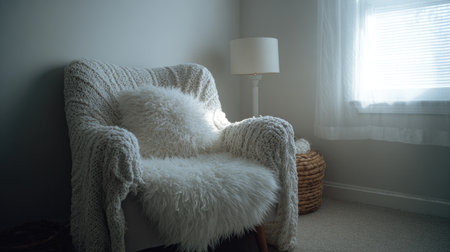 This serene image captures a cozy reading nook with a plush chair, soft blanket, and warm light filtering through a window, creating a tranquil atmosphere.の素材