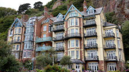 This image captures a row of charming Victorian houses nestled against a rocky cliff, showcasing colorful facades, elegant balconies, and lush greenery.の素材