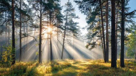 A captivating view of sunlight streaming through tall trees in a tranquil forest. Soft morning fog adds a serene atmosphere to the lush greenery.の素材