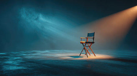 An empty director chair illuminated by beams of light creates a captivating scene that evokes creativity and inspiration in a film studio setting.の素材