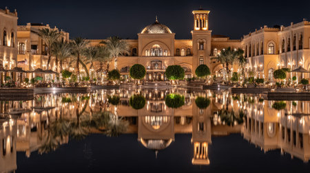 A stunning hotel exterior shines under nighttime lights, creating mesmerizing reflections on calm water. Lush palm trees frame this luxurious resort, inviting guests to experience a serene getaway.の素材