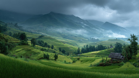Captivating view of lush green rice terraces with dramatic clouds and distant mountains, showcasing the beauty of rural agriculture and serene landscapes.の素材