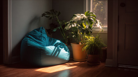 This serene indoor scene features a blue bean bag chair nestled in a sunlit corner surrounded by lush green plants, creating a perfect relaxing atmosphere.の素材