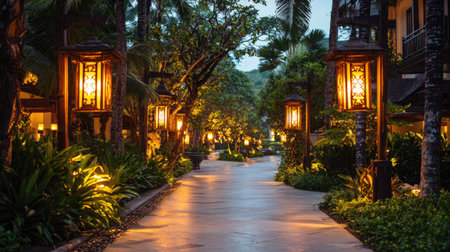 This enchanting image showcases a tranquil pathway lined with illuminated lanterns in a lush tropical resort. The warm glow enhances the serene atmosphere, inviting guests to enjoy a peaceful evening stroll amid vibrant vegetation. Perfect for capturing the essence of relaxation and natural beauty in a resort setting.の素材