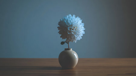 A beautiful white flower in a simple vase sits gracefully on a wooden table. Soft ambient light creates a serene atmosphere, perfect for home decor.の素材