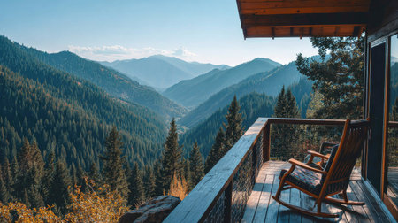 A tranquil scene showcasing a cozy cabin porch with a rocking chair, offering breathtaking views of lush green valleys and majestic mountain peaks.の素材