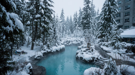 A tranquil winter scene showcasing steaming hot springs surrounded by snow-covered pine trees, creating a serene atmosphere for relaxation and rejuvenation.の素材