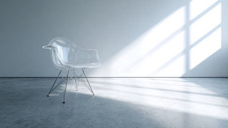 A clear acrylic chair positioned in a minimalist space, basking in soft natural light. This image captures the interplay of shadows on a sleek concrete floor.の素材
