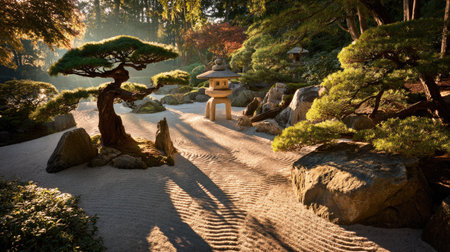 Explore a tranquil Japanese garden featuring majestic bonsai trees and a classic lantern surrounded by smooth stones, illuminated by soft morning light.の素材