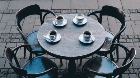 A cozy outdoor coffee setup featuring four empty chairs around a round wooden table, adorned with espresso cups. Perfect for urban relaxation.の素材