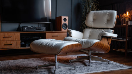 This captivating image showcases a modern leather chair paired with a plush ottoman, designed for comfort in a stylish living room, perfect for relaxing and entertaining.の素材