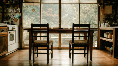 This image showcases a cozy kitchen interior featuring wooden chairs and a rustic table, with a large window providing a serene outdoor view.の素材