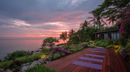 Experience the tranquility of a serene yoga space at a tropical coastline, featuring vibrant sunset colors and lush greenery, perfect for relaxation.の素材