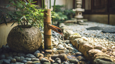 Serene Japanese zen garden featuring a bamboo water fountain, smooth stones, and lush greenery. A perfect outdoor relaxation spot for meditation and tranquility.の素材