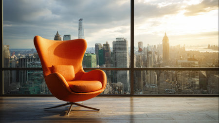 An inviting orange chair provides a perfect spot for relaxation with a stunning view of a modern city skyline during sunset, highlighting vibrant urban life.の素材