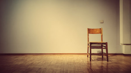 An empty wooden chair sits in a minimalistic room, highlighting themes of solitude and simplicity against a neutral backdrop. The wooden floor adds warmth.の素材