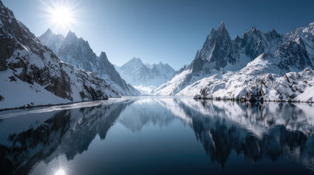 Majestic snow-capped mountains surround a tranquil blue lake, perfectly reflecting the sky and sunlight, creating a captivating nature scene.の素材