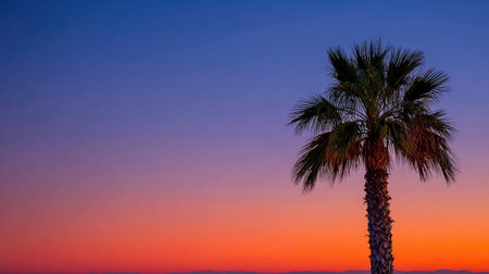 A stunning view of a palm tree silhouetted against a vibrant sunset sky, showcasing a beautiful gradient of warm colors. Ideal for evoking tranquility.の素材