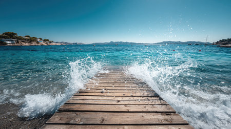 A stunning view of a wooden pier extending over vibrant turquoise waters, where gentle waves create splashes against the shore, inviting relaxation and adventure.の素材