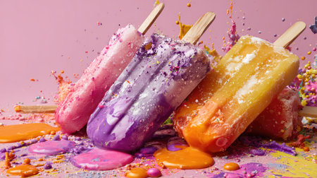 A stunning display of colorful ice pops resting on a pink background, featuring vibrant splashes of color and texture, perfect for summer-themed projects.の素材
