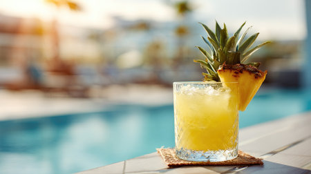 A vibrant tropical cocktail with a fresh pineapple garnish sits in a glass, capturing the essence of relaxation by the pool during sunset.の素材