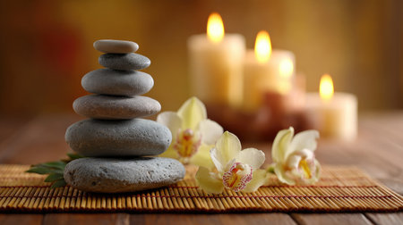 A serene composition featuring stacked stones, soft-lit candles, and delicate orchids, creating a peaceful atmosphere ideal for relaxation and meditation.の素材